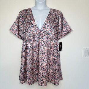 Lulus Babydoll Satin Dress Size L Pink Floral Deep V Neck Boho